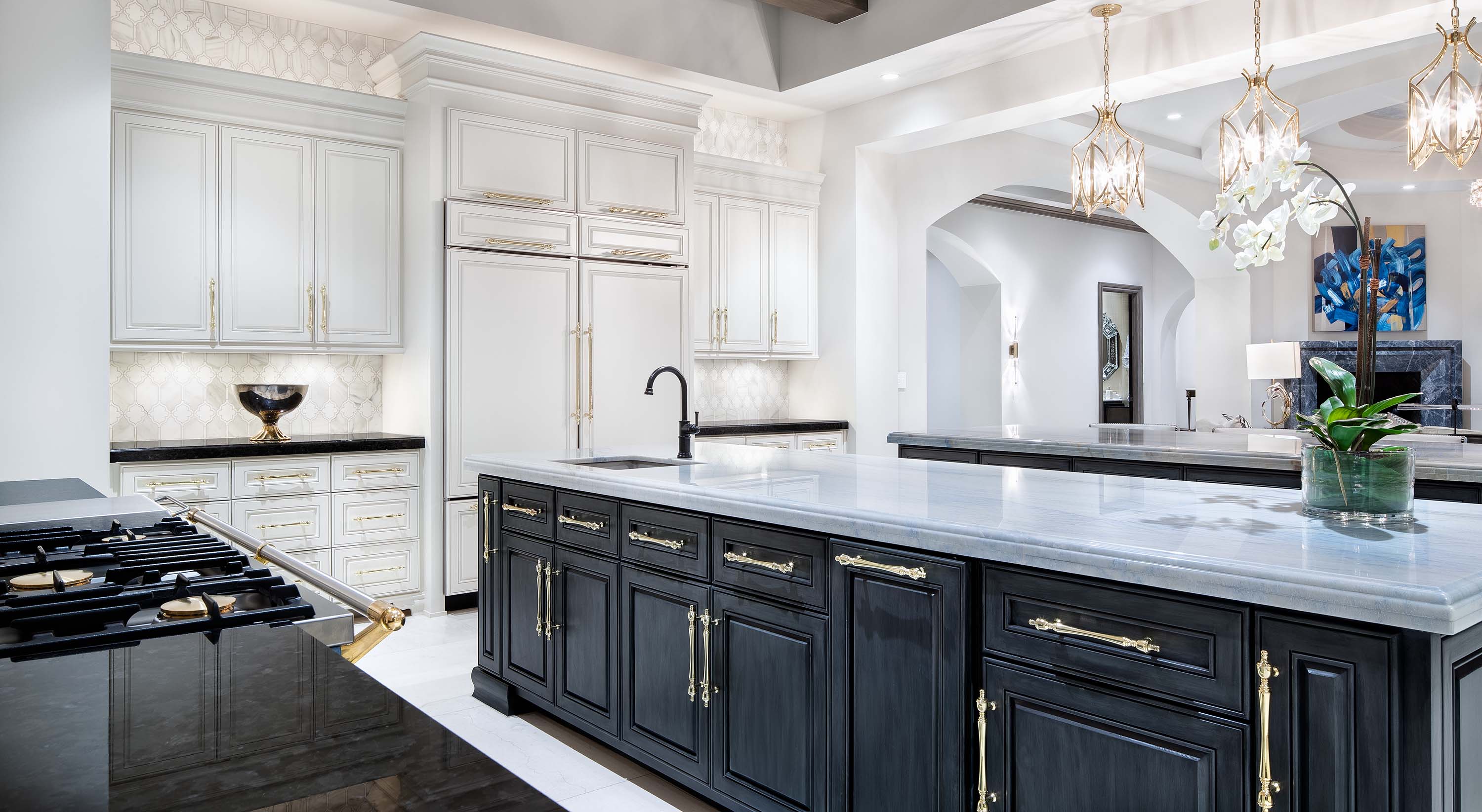 golden palladiom keypad on a wall with geometric wallpaper