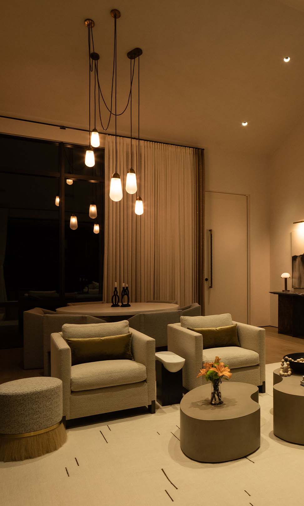 Lutron lighting fixture set to a low lighting in a modern living room
