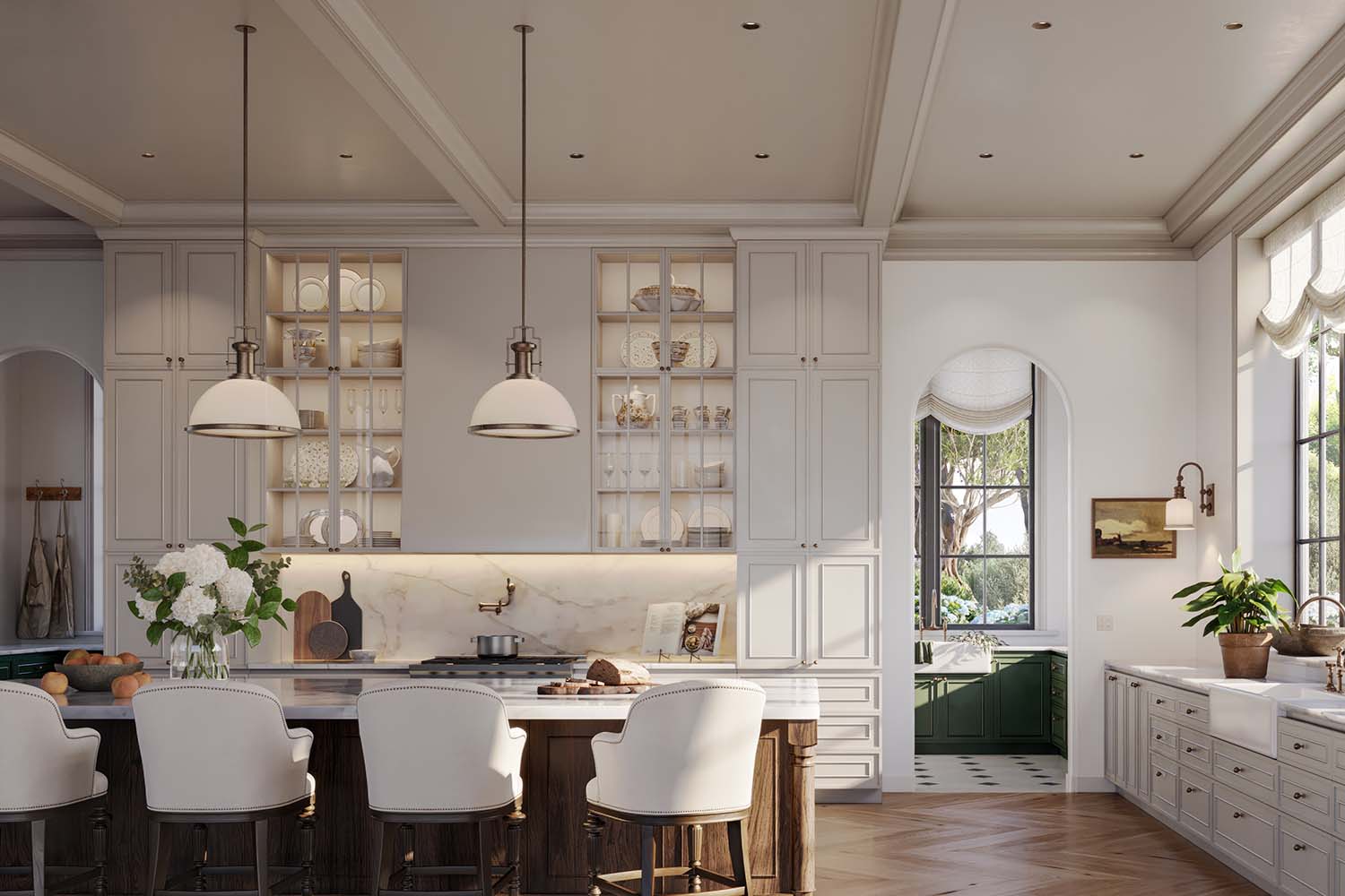 Bright and open dining area with a large table, modern chandelier, and a staircase leading to the upper floor.
