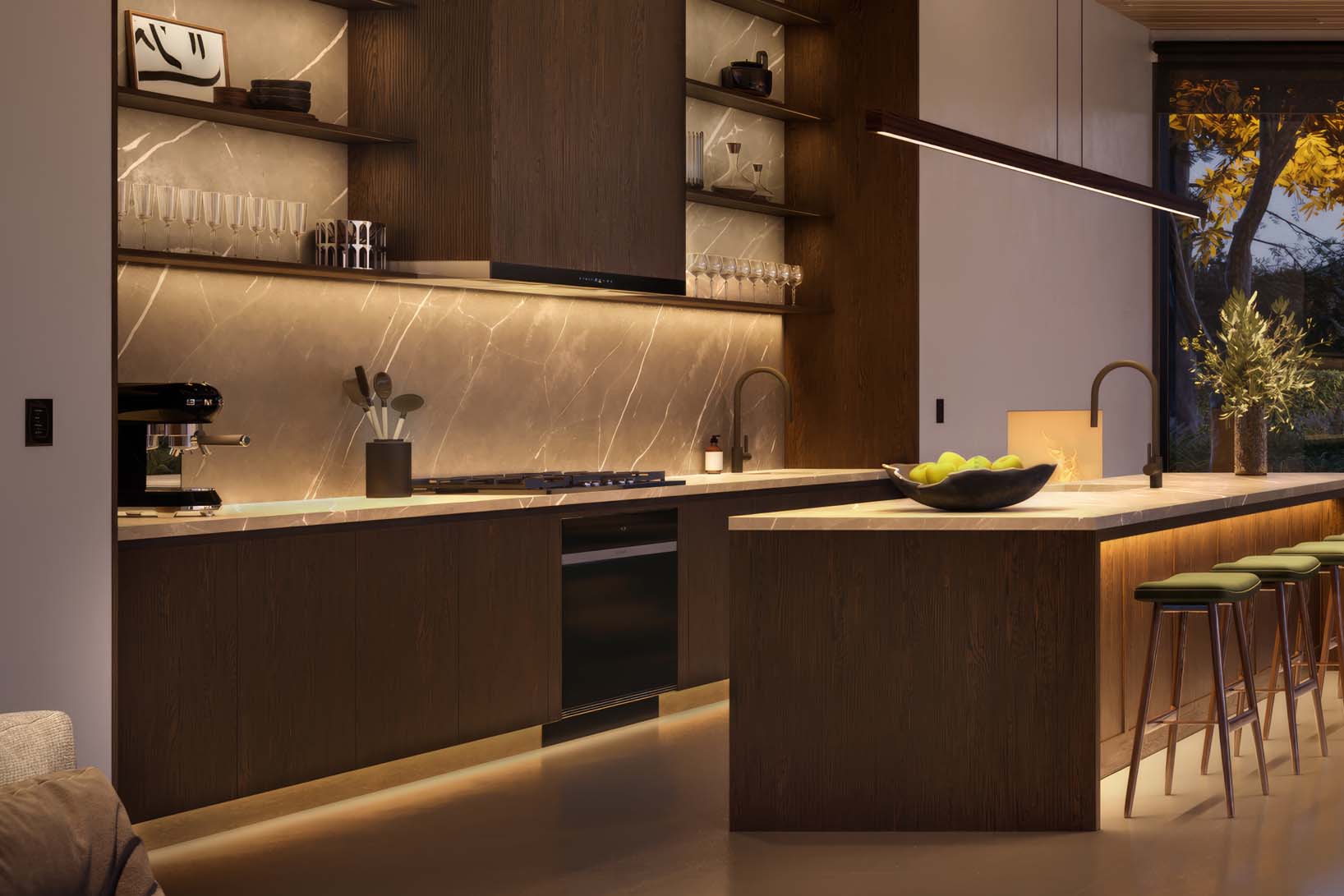 Modern bedroom with a large bed, accent pillows, and a sliding glass door opening to a balcony.