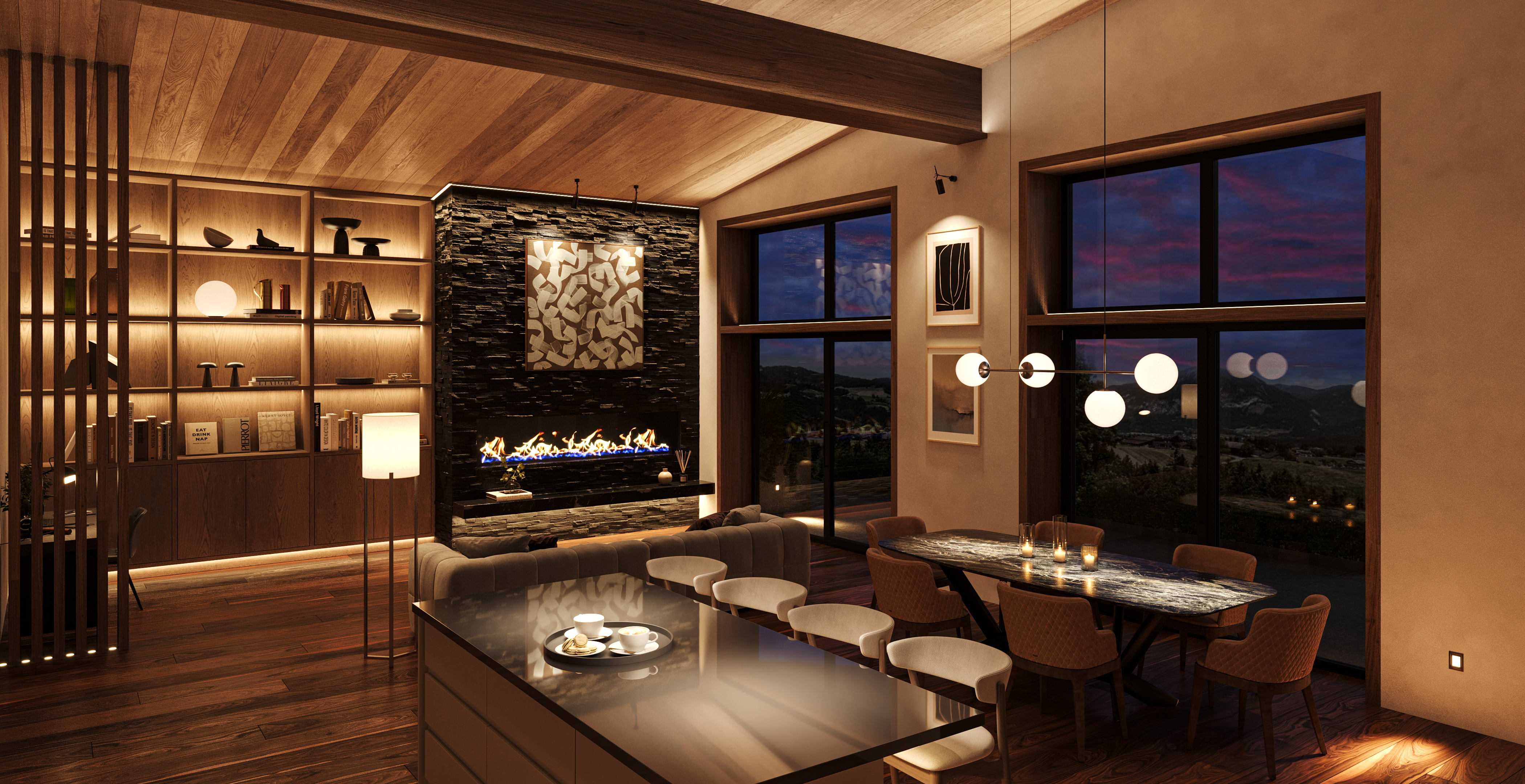 Warm ambient lighting in a modern open concept living and dining room at night