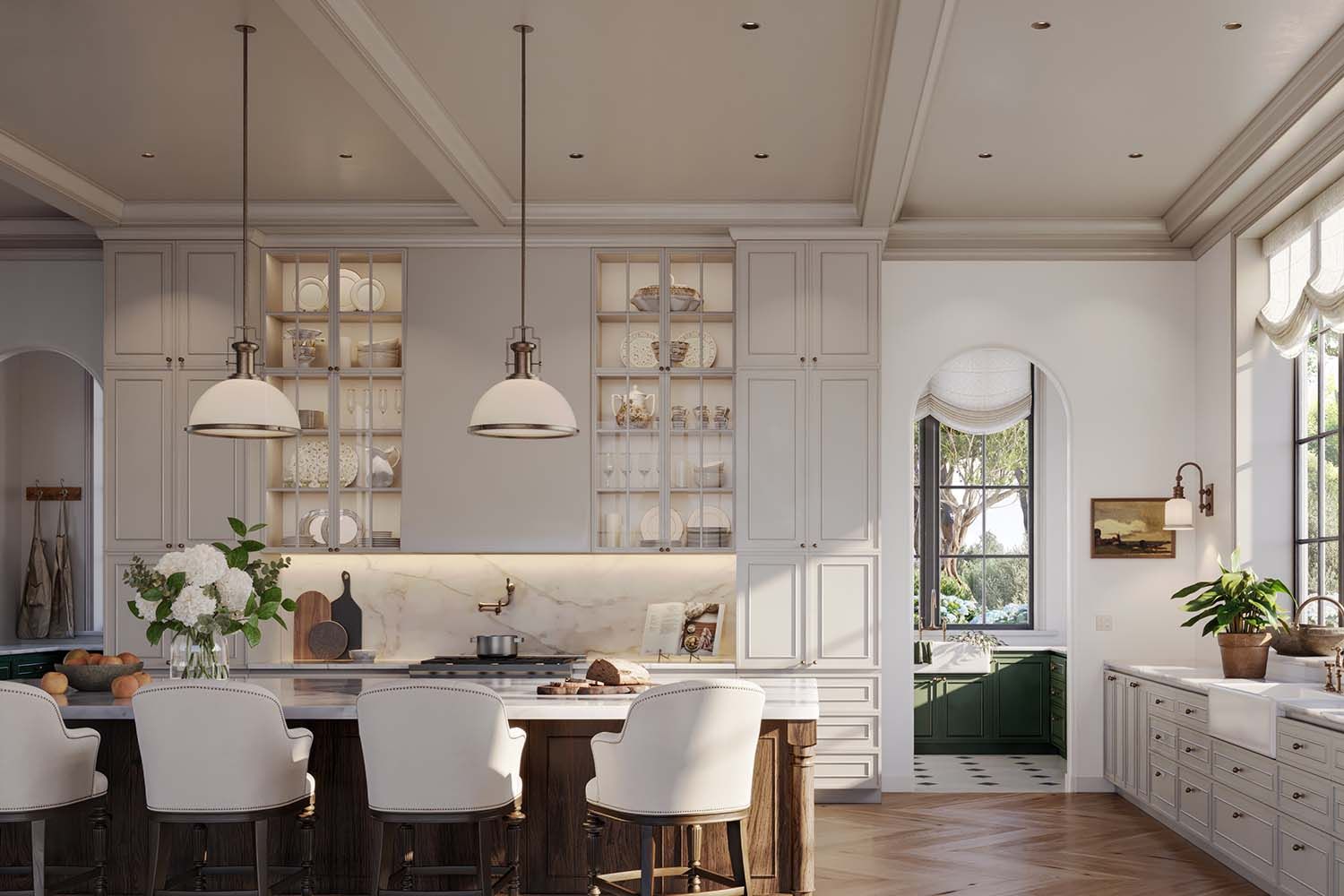 Bright and open dining area with a large table, modern chandelier, and a staircase leading to the upper floor.