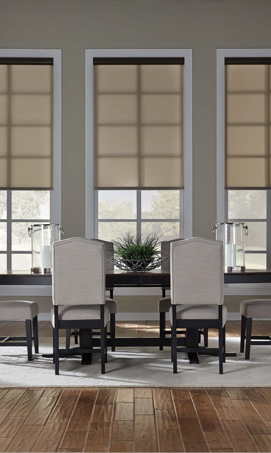 Cozy living room with Lutron Roman shades, neutral-toned furniture, and a welcoming ambiance.